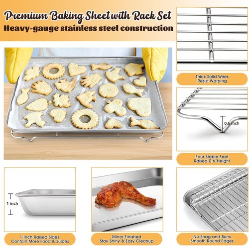E-far Cookie Sheet Set - Half Sheet Baking Pan with Wire Cooling Rack | 18”x13” Stainless Steel, Dishwasher Safe