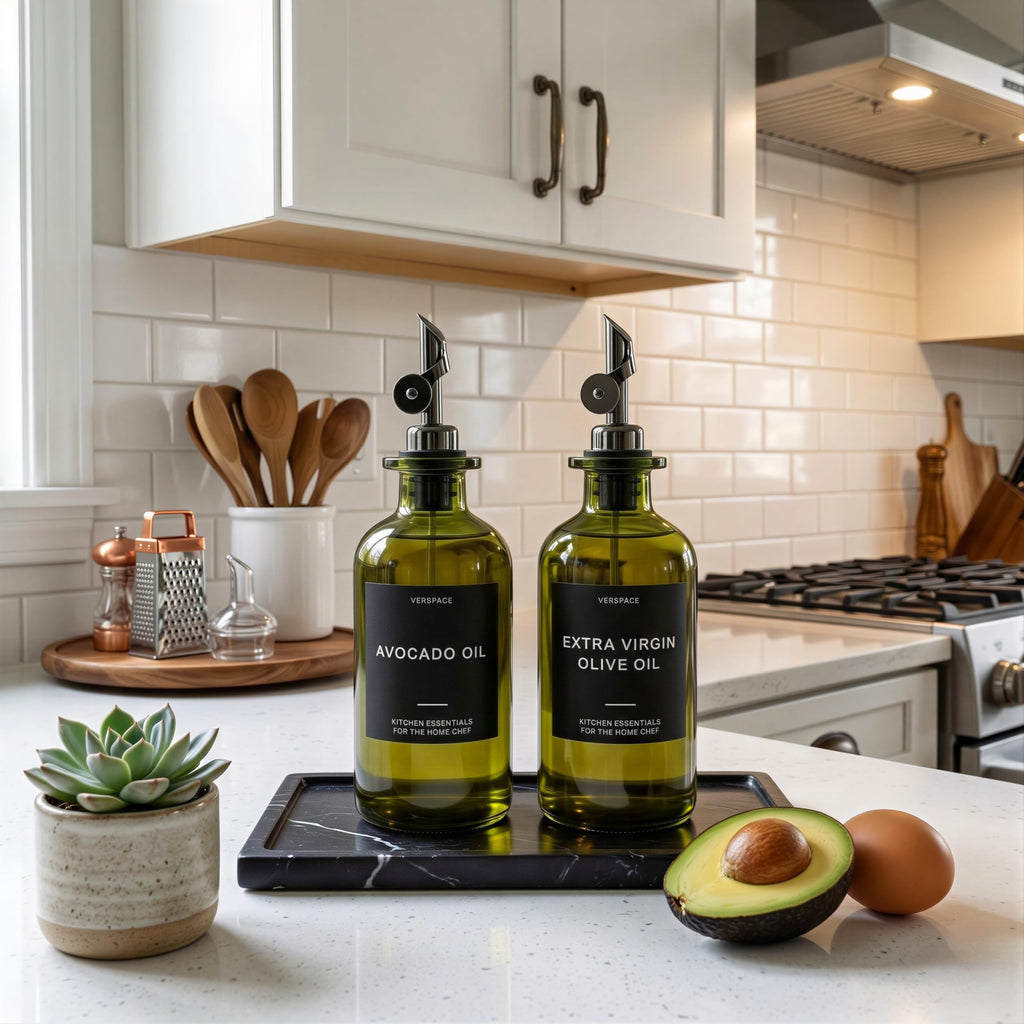 Verspace UV-Protected Green Glass Olive Oil Dispenser Bottles For Kitchen - 2 Pack - 12oz Includes 40 Kitchen Essential Labels, Avocado Oil Dispenser Set, Modern Decor for Home, Airbnb, Cafe