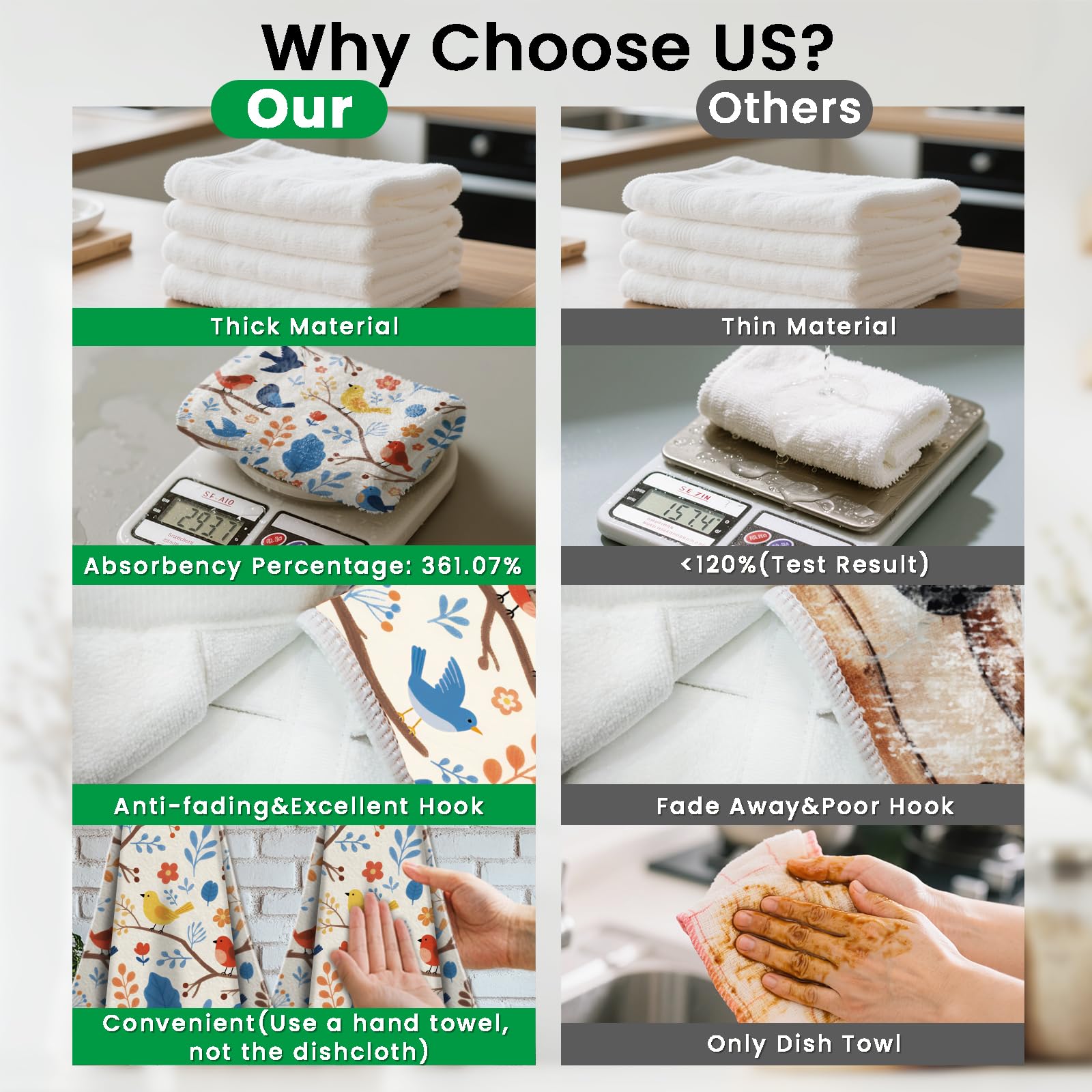 CUTHOLLOW Cartoon Flower and Bird Hanging Kitchen Towels with Loop, Set of 2 - Soft & Super Absorbent Microfiber Decorative Hanging Dish & Hand Towel, Tea Coffee Towel for Kitchen Bathroom Oven Handle