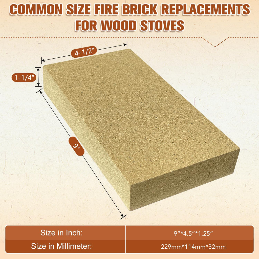 Fire Bricks, FireBrick, High Temperature Insulated Firebricks for Wood Stoves, Fireplaces, Size 9" X 4-1/2" X 1-1/4", Pack of 6, Wood Stove Bricks, Fireplace Brick