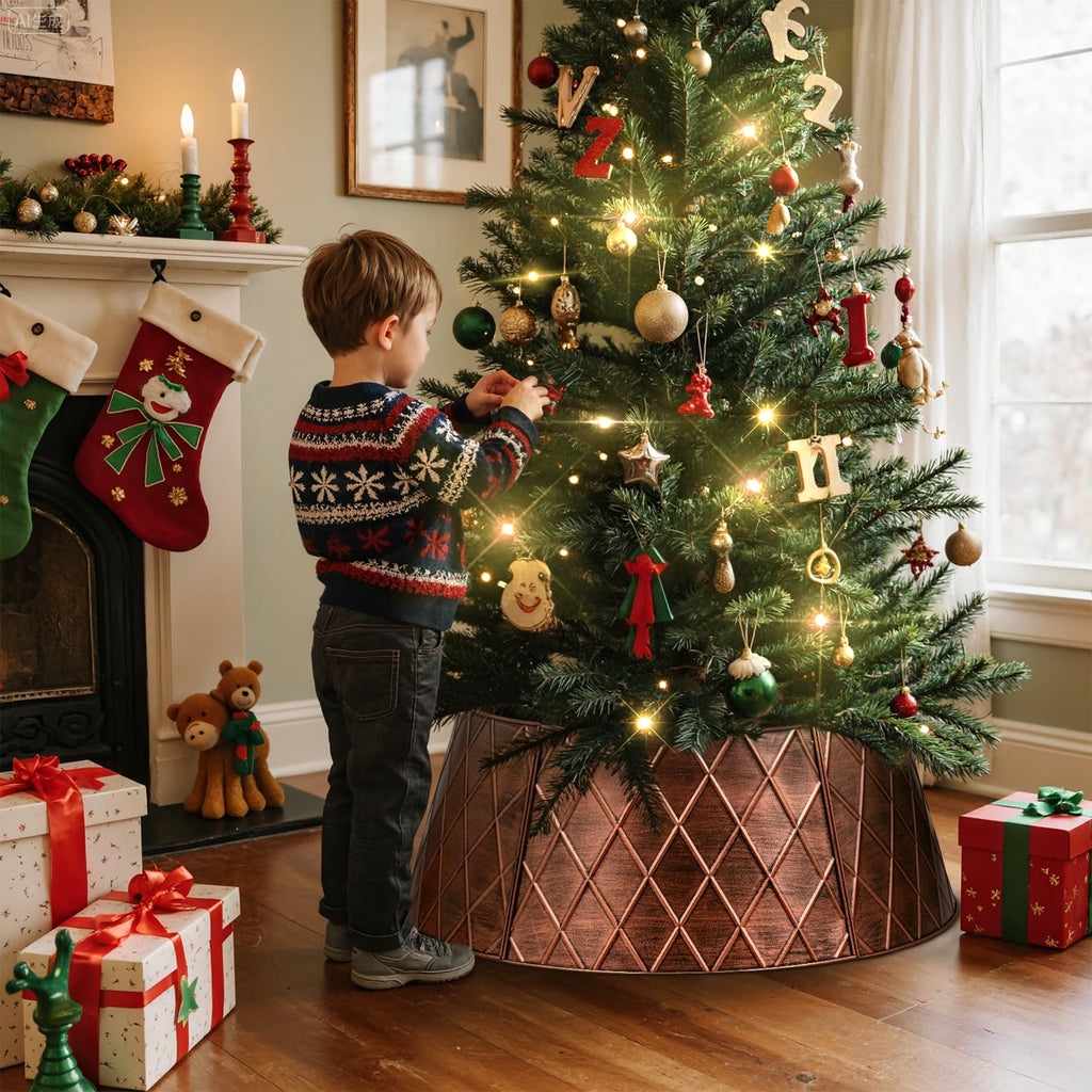 Lanpn Metal Christmas Tree Collar 24 inch, Christmas Tree Ring Collar for Small Mini Pencil Xmas Stand Cover Real Artificial Trees Indoor Outdoor Decoration (Copper, Diamond)