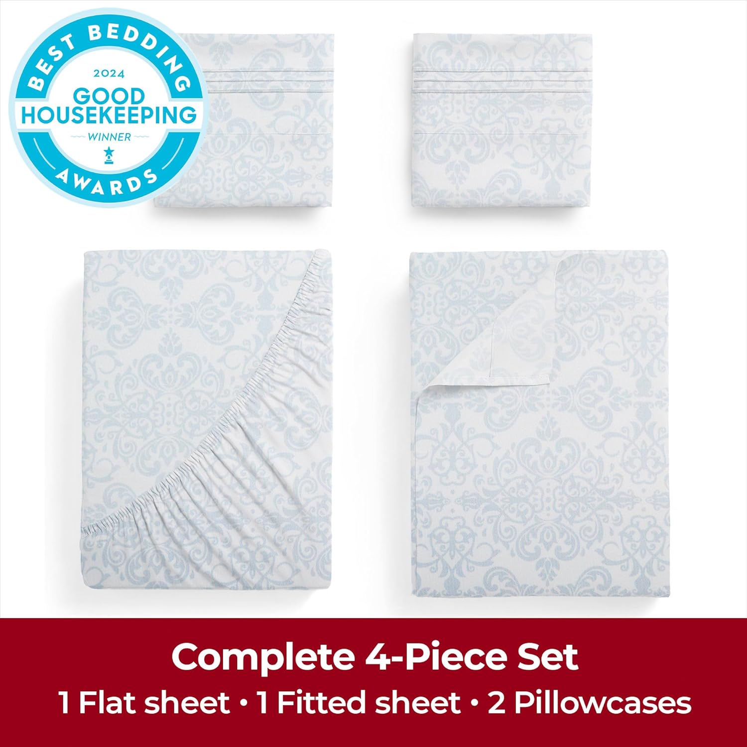 Mellanni Extra Deep King Sheets - Hotel Luxury Ultra Soft Cooling Bedding - 4 PC Set in Laced Sky Blue