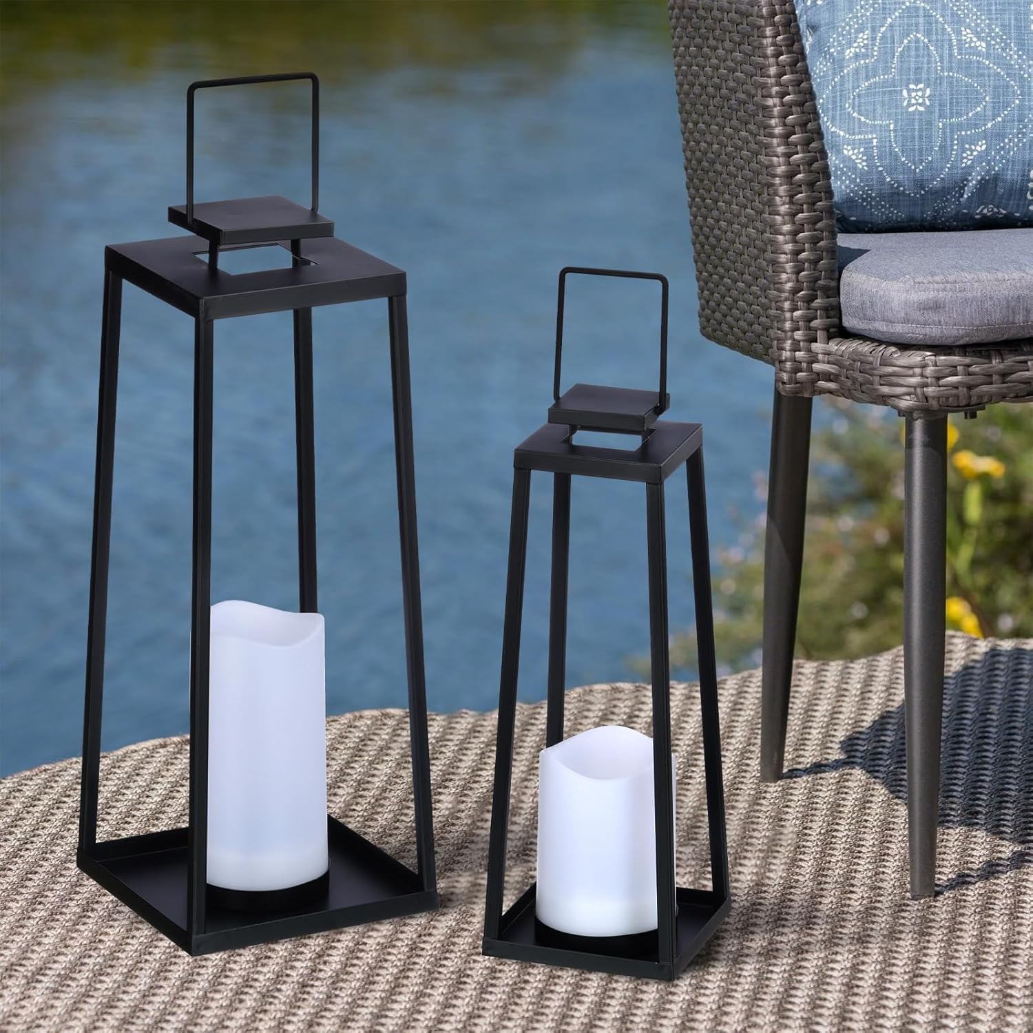 Skiennix Solar Lantern Set of 2 - Modern Black Metal Lanterns with Solar Candles for Outdoor Decor (18’’ & 15’’)