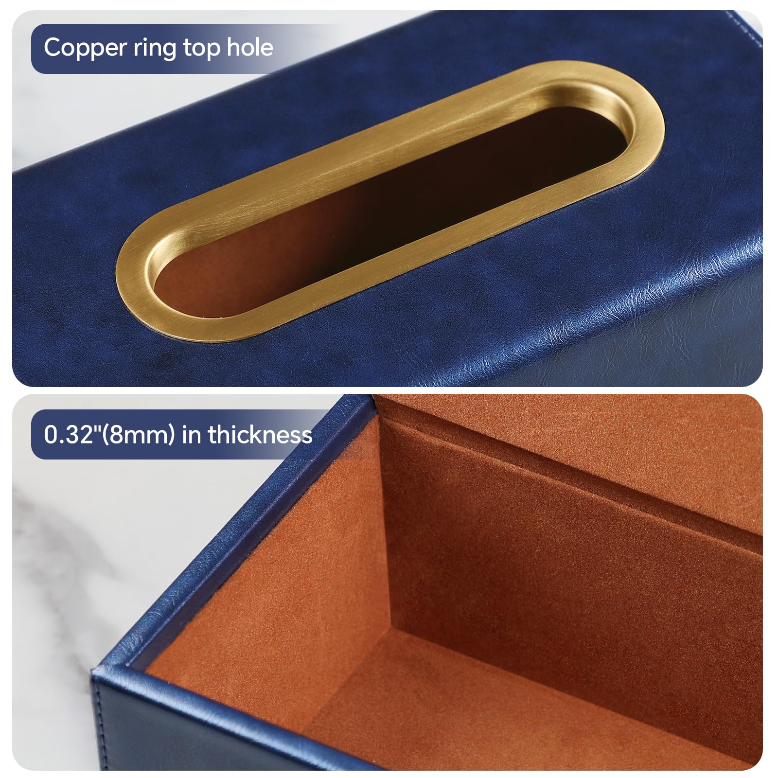 MEIBOOCH PU Leather Tissue Box Cover Rectangular Tissue Box Holder for Boxes Up to 3.9" Tall, Decorative Rectangle Tissue Cover for Bathroom Living Room Car Office (Navy Blue)