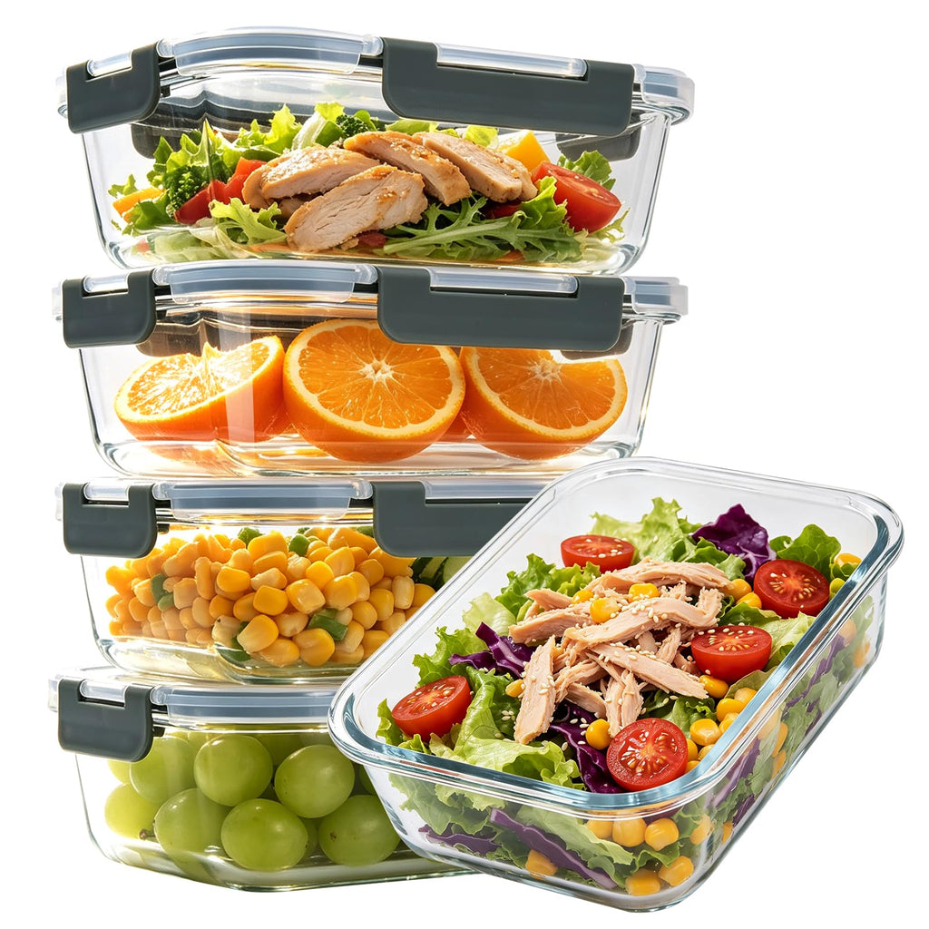 KEKEGO 5 Pack 36oz Glass Storage Containers with Lids, Glass Meal Prep Food Container Sets with Snap Airtight Lid for Microwave, Oven, Freezer and Dishwasher, Grey