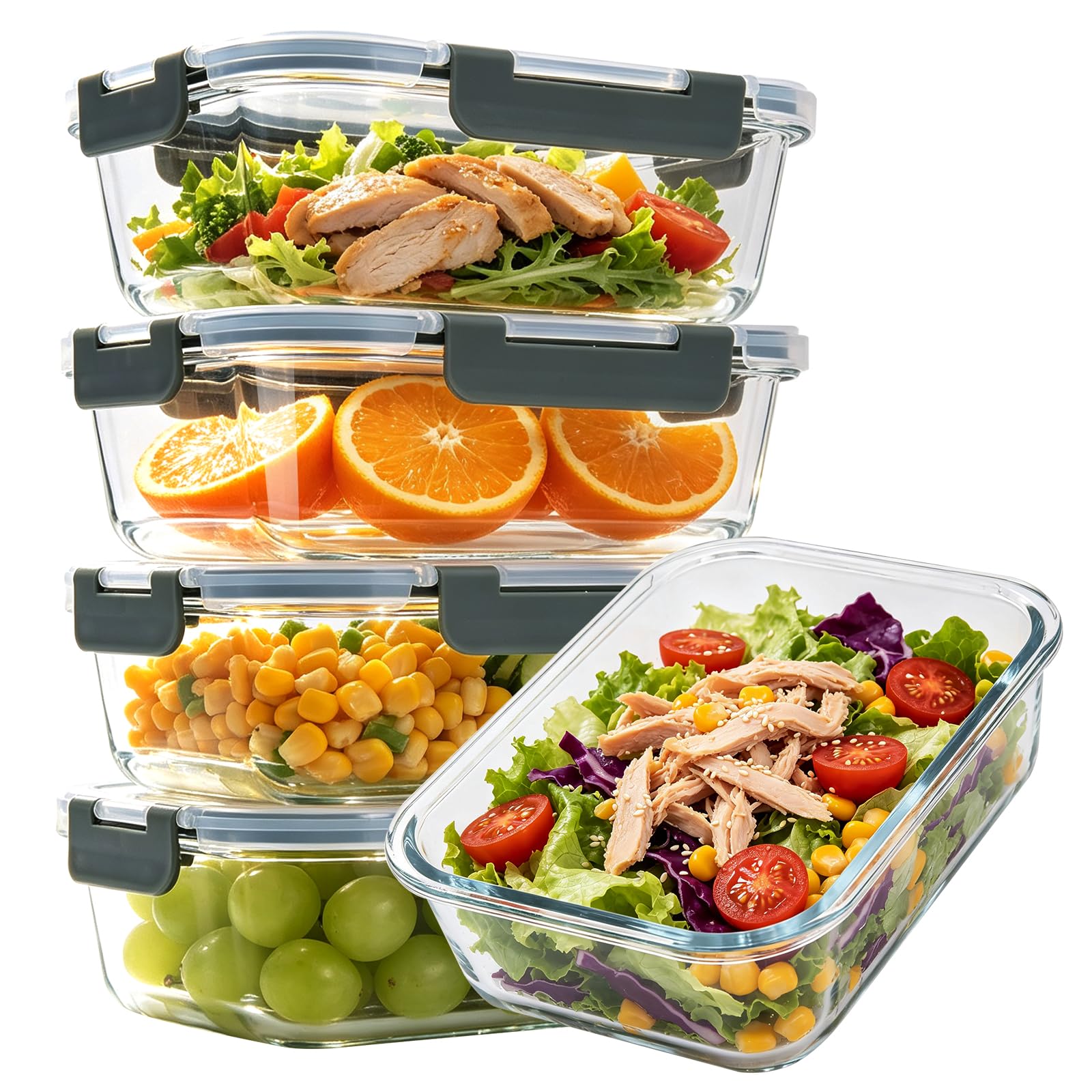 KEKEGO 5 Pack 36oz Glass Storage Containers with Lids, Glass Meal Prep Food Container Sets with Snap Airtight Lid for Microwave, Oven, Freezer and Dishwasher, Grey