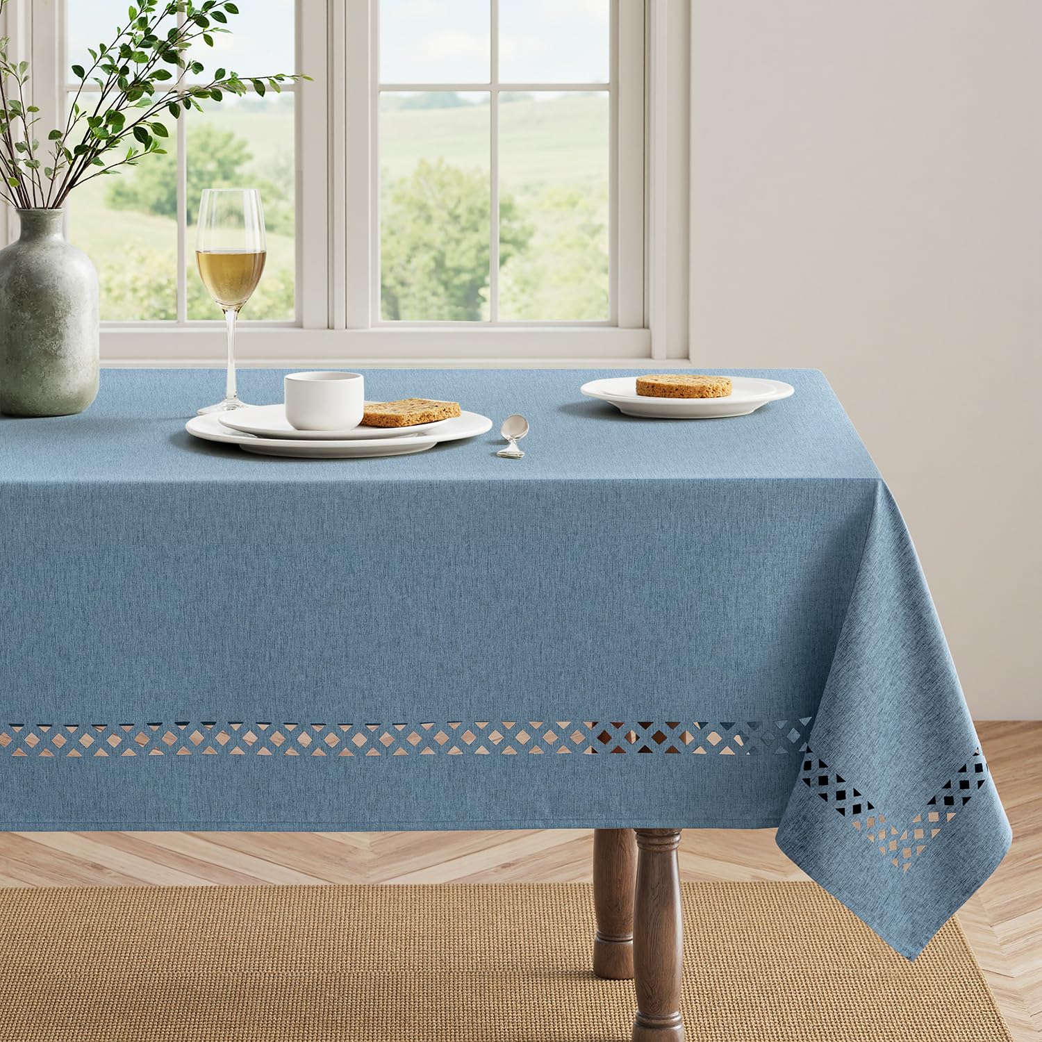 MIULEE Dusty Blue Rectangle Linen Polyester Tablecloth with Decorative Cutouts Waterproof Stain Resistant & Shrink-Proof Table Cloth 60x120 inch Farmhouse Style for Dining Wedding Party