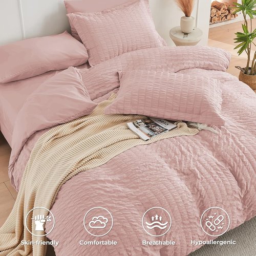 HYMOKEGE King Size Comforter Set - Luxurious Rose Gold Seersucker 7-Piece Bedding Set | All-Season Comfort