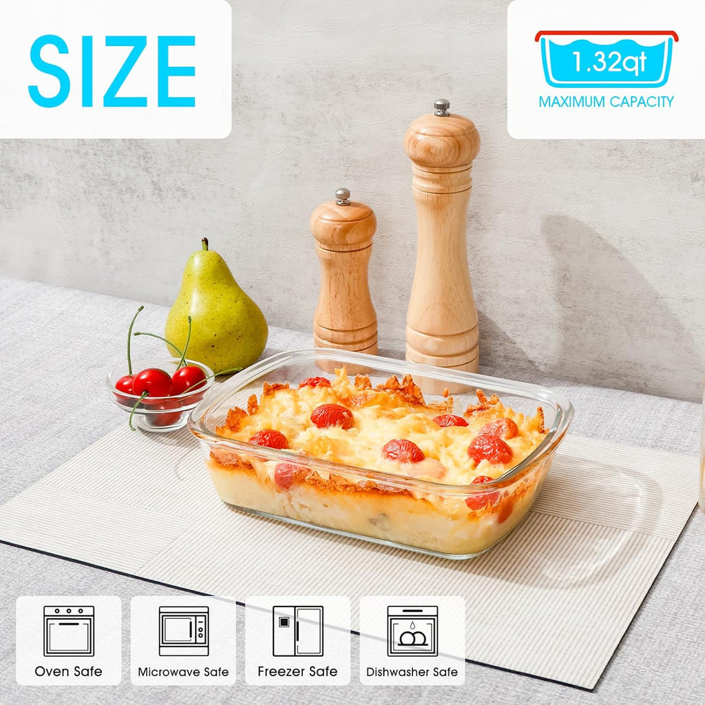 NUTRIUPS Small Glass Baking Dish with Lid - Tempered Oven Bakeware for One Serving (Clear, 1.25L)