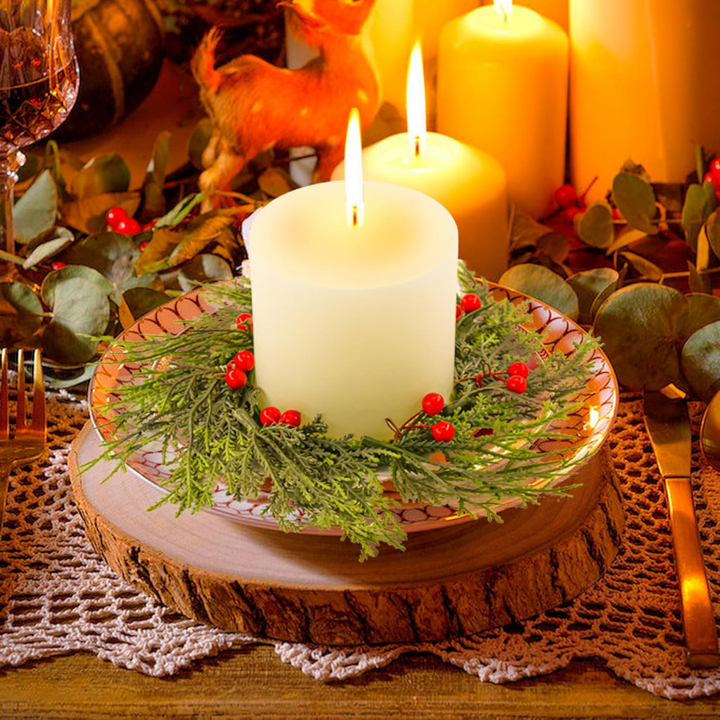 Regine Switzerland Christmas Candle Rings - 4 PCS Artificial Berries & Pine Needles Wreaths for Home Decor