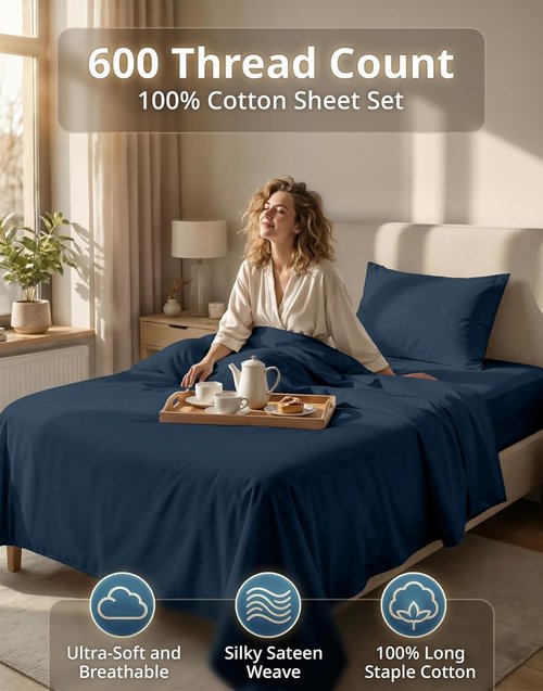 **LANE LINEN Twin XL Sheet Set - 600 Thread Count Sateen Weave - 100% Cotton for Hotel-Quality Softness - Denim Color**