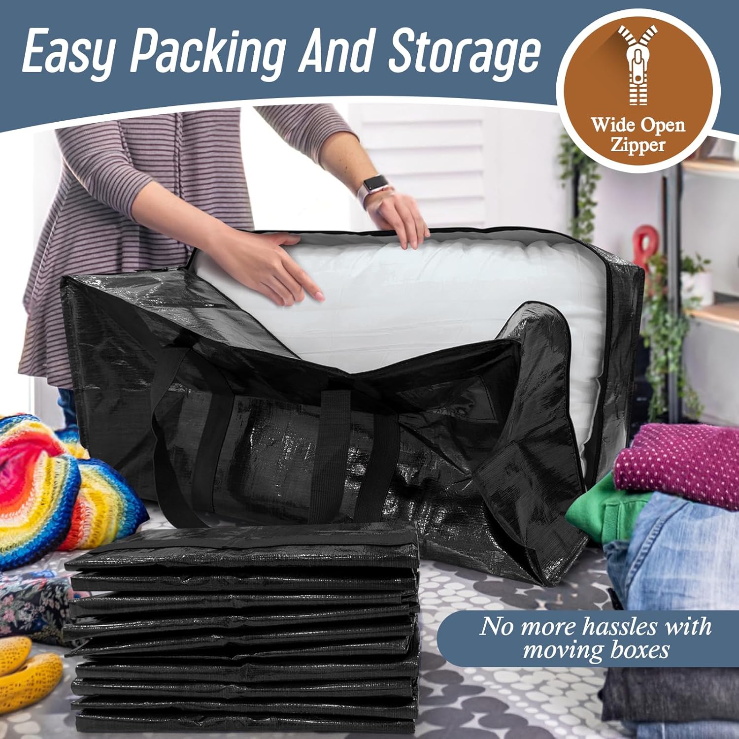 Skiennix 6 Pack Extra Heavy Duty Moving Bags - Strong Zipper & Comfortable Handles | Durable Black Storage Totes