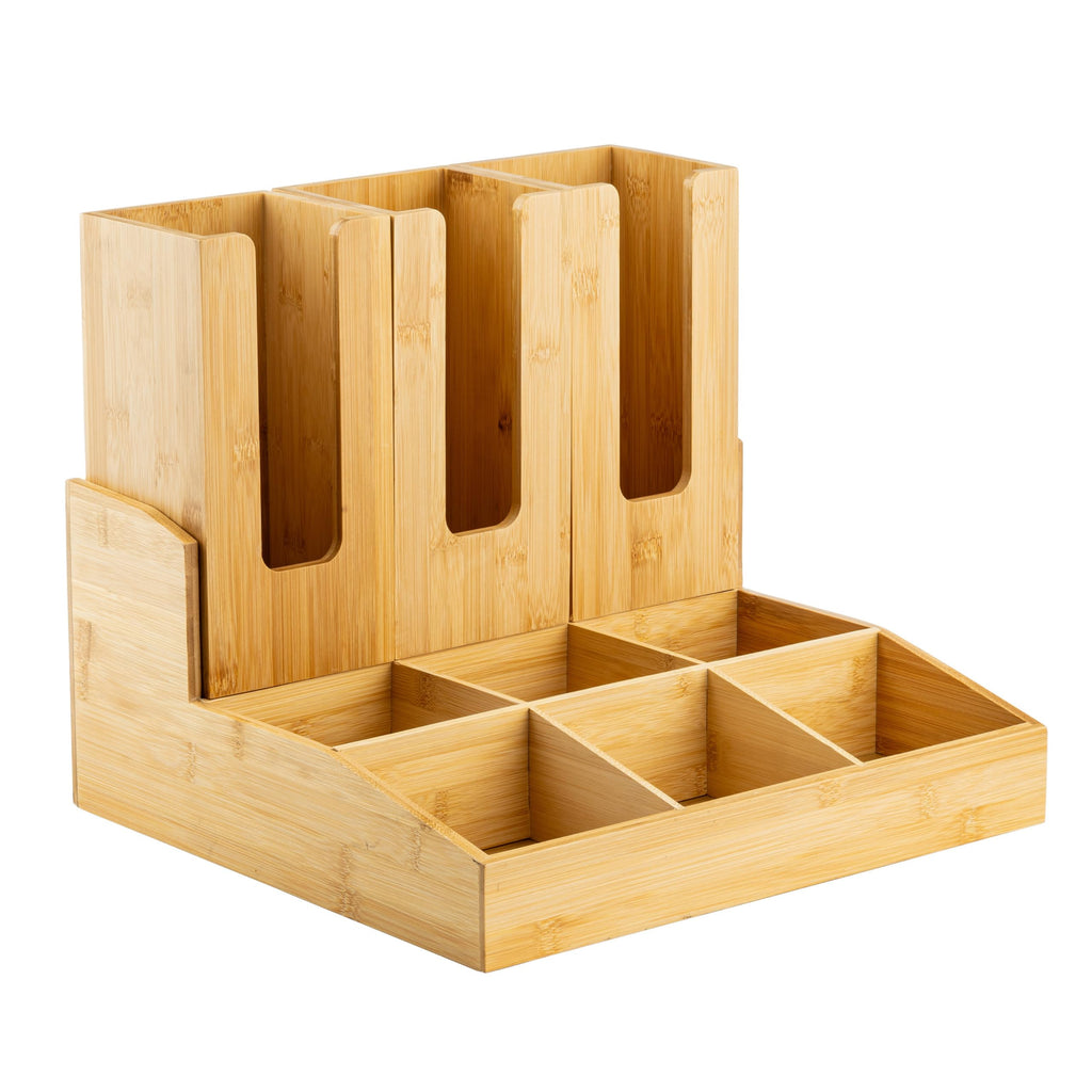 TableCraft 12689 Coffee Condiment Organizer, 9 Compartments with 3 Removable Cup/Lid Holders, Bamboo Wood, Ideal for Cafes, Breakfast Buffets, and Restaurants