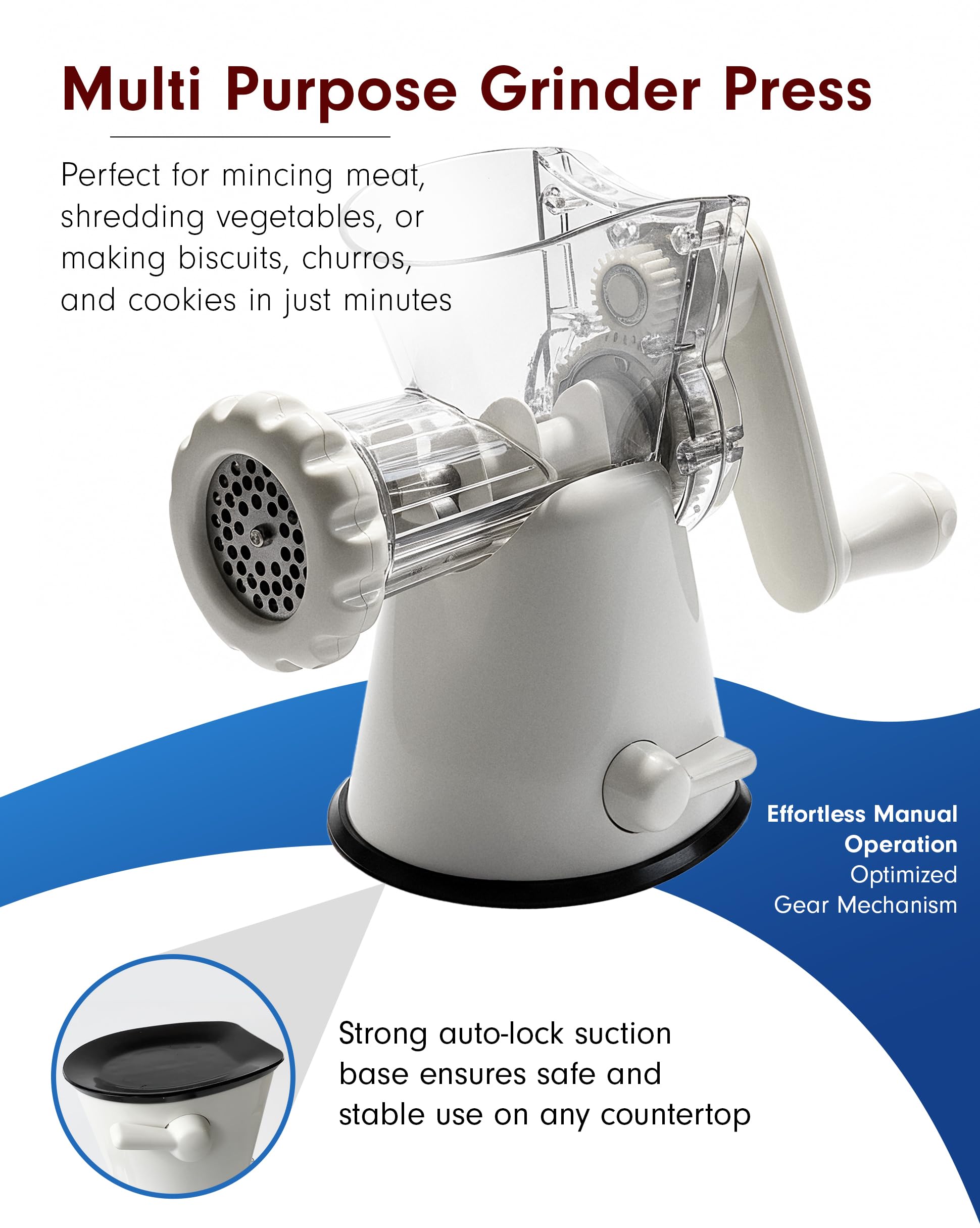 Tredoni Manual Meat Mincer Grinder & Vegetable Shredder, Biscuit Press Machine Cookie Maker + Churros/Biscuits Pattern Attachment (4 Patterns), White