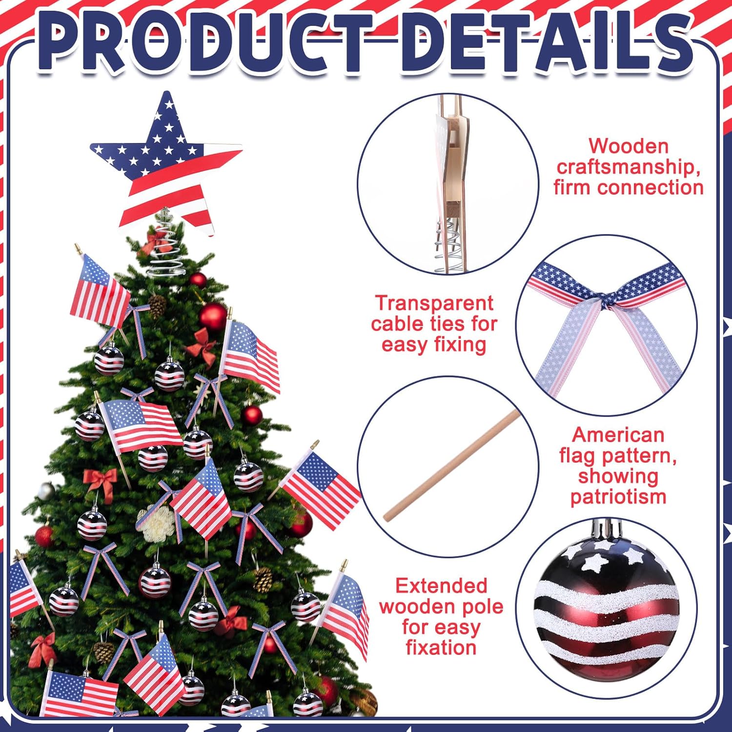 Seematn 73 Pcs Patriotic Tree Ornaments - 4th of July Decorations with Flag, Star Topper & Bows
