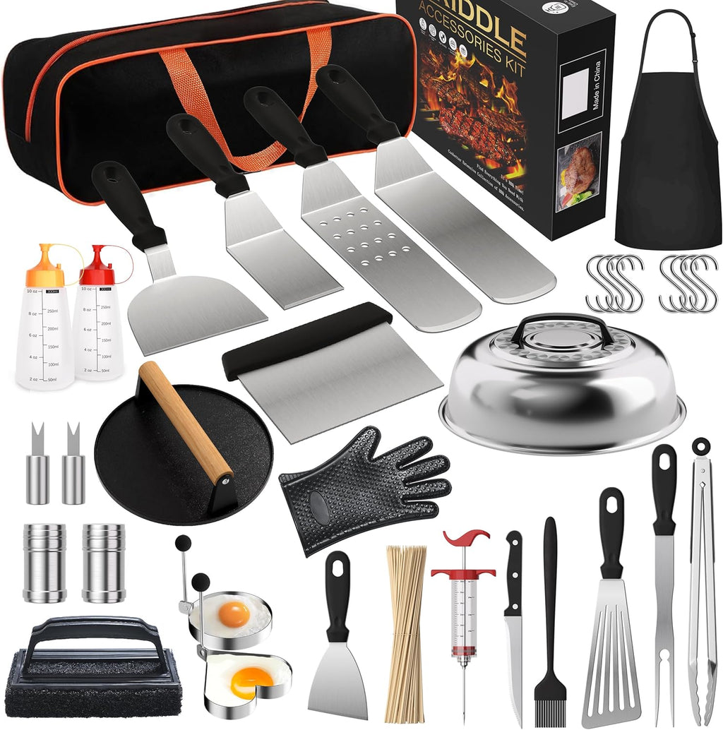 Blackstone Griddle Accessories Kit - 134 Pcs Hibachi Grill Tools Set with Spatula, Basting Cover & Burger Press