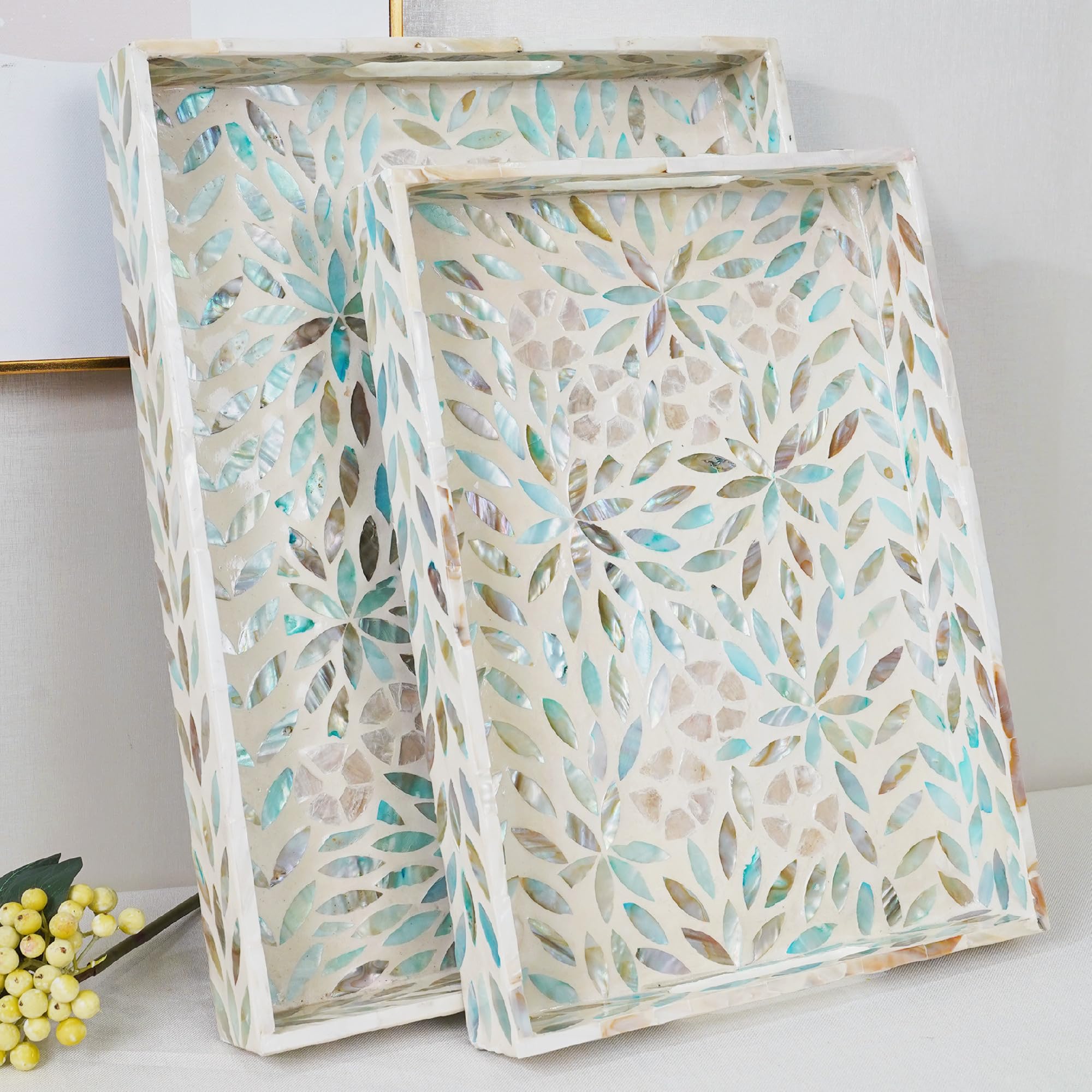Serving Trays Handmade Trays for Serving Mother of Pearl Inlay Decorative Tray Room Decor, Coffee Table Tray Set of 2 Trays Decor for Ottoman Length 16'' and 14''