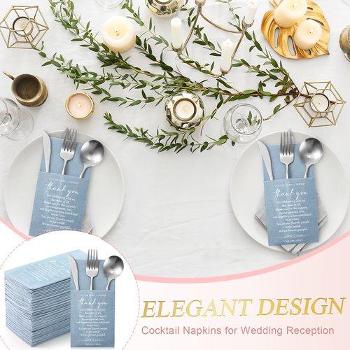 Qilery 100 Plain Thank You Wedding Napkins Cocktail Napkins Newlyweds to Family Friends Guests with Built in Flatware Pocket Tissues Bridal Shower Rehearsal Dinner Party Supply(Haze Blue)