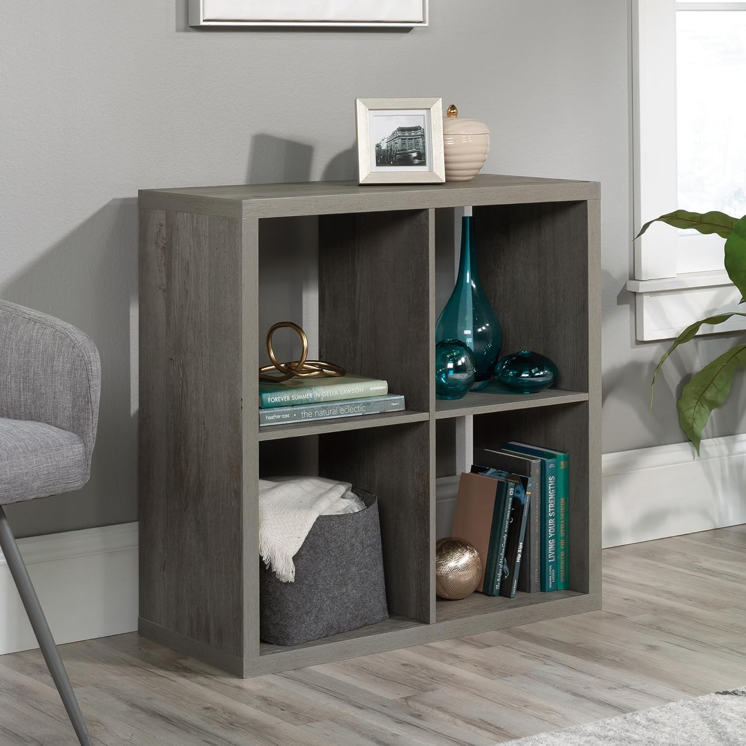 Sauder 4-Cube Organizer Storage Bookcase - Stylish Mystic Oak Design for Versatile Use