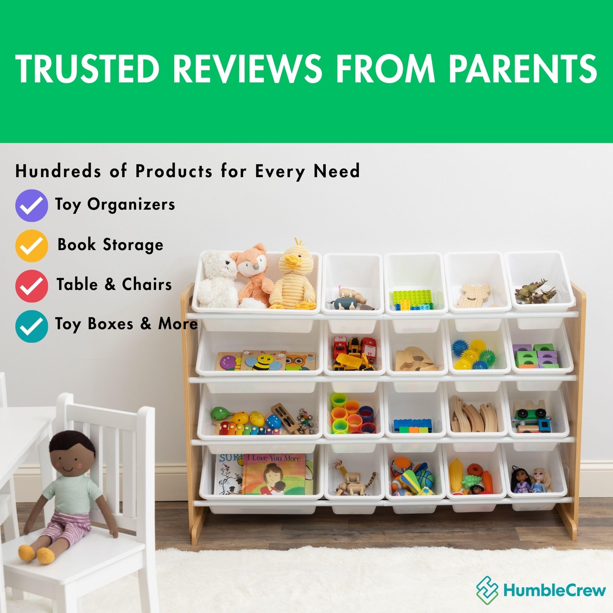 Humble Crew Toy Storage Organizer with 20 Removable Storage Bins for Kids Playroom, 4-Tier Toddler Toy Organization and Storage, Natural/White
