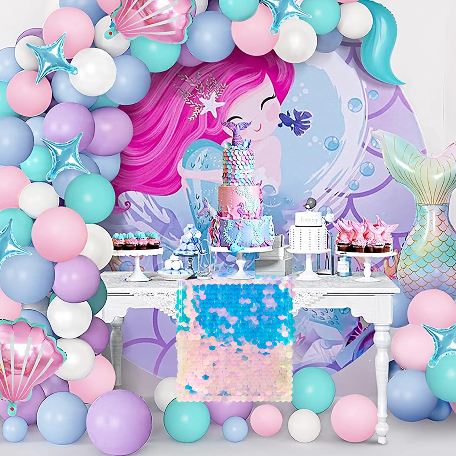 VHH Mermaid Party Table Runner, 12 x 84 inches Sequin Table Runners , Glitter Holographic Mermaid Tail Colorful Sequin Table Cover for Ocean Birthday Party (6 Pack).