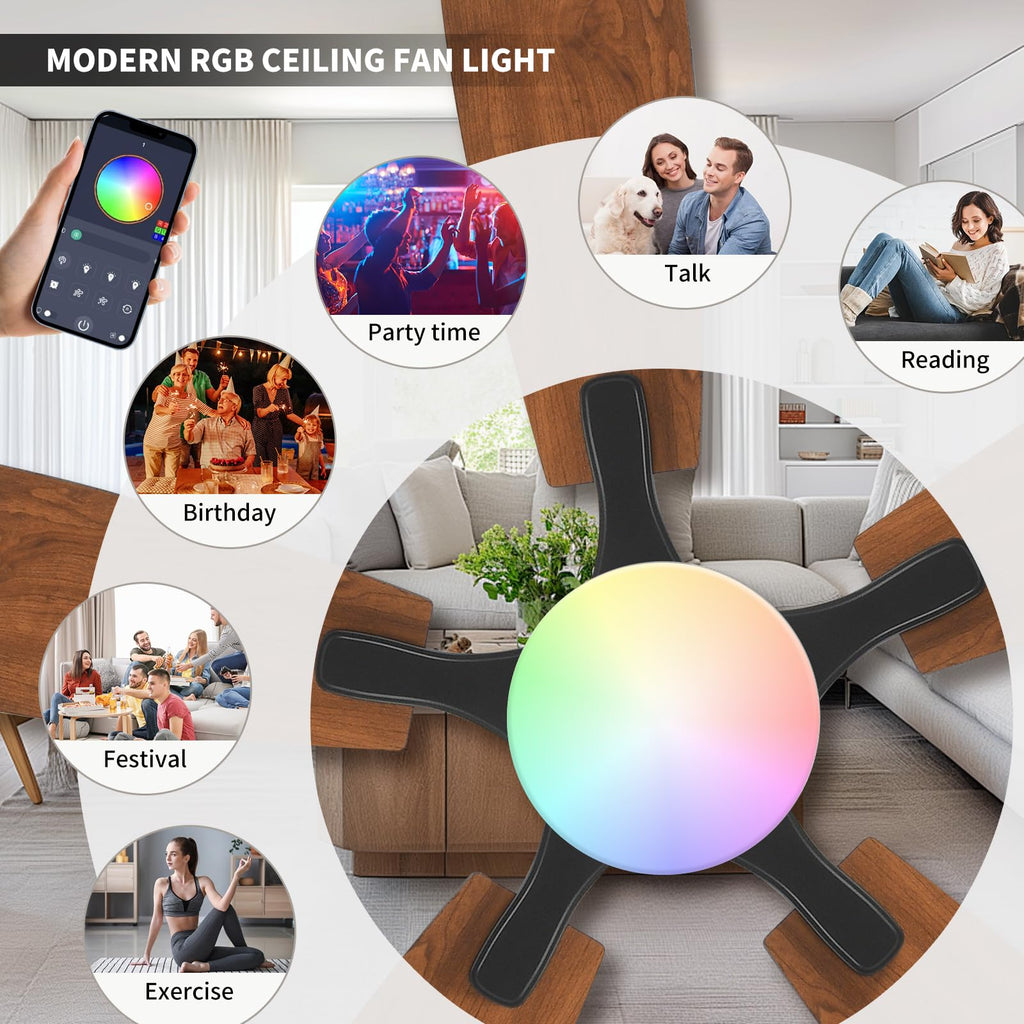 FUMLTP Ceiling fans with Lights, 54 In RGB Low Profile Indoor Ceiling fan with Light and Remote/App Control, Dimmable, Flush Mount, DC Reversible Motor, Noiseless Modern Ceiling Fan For Bedroom（Brown）