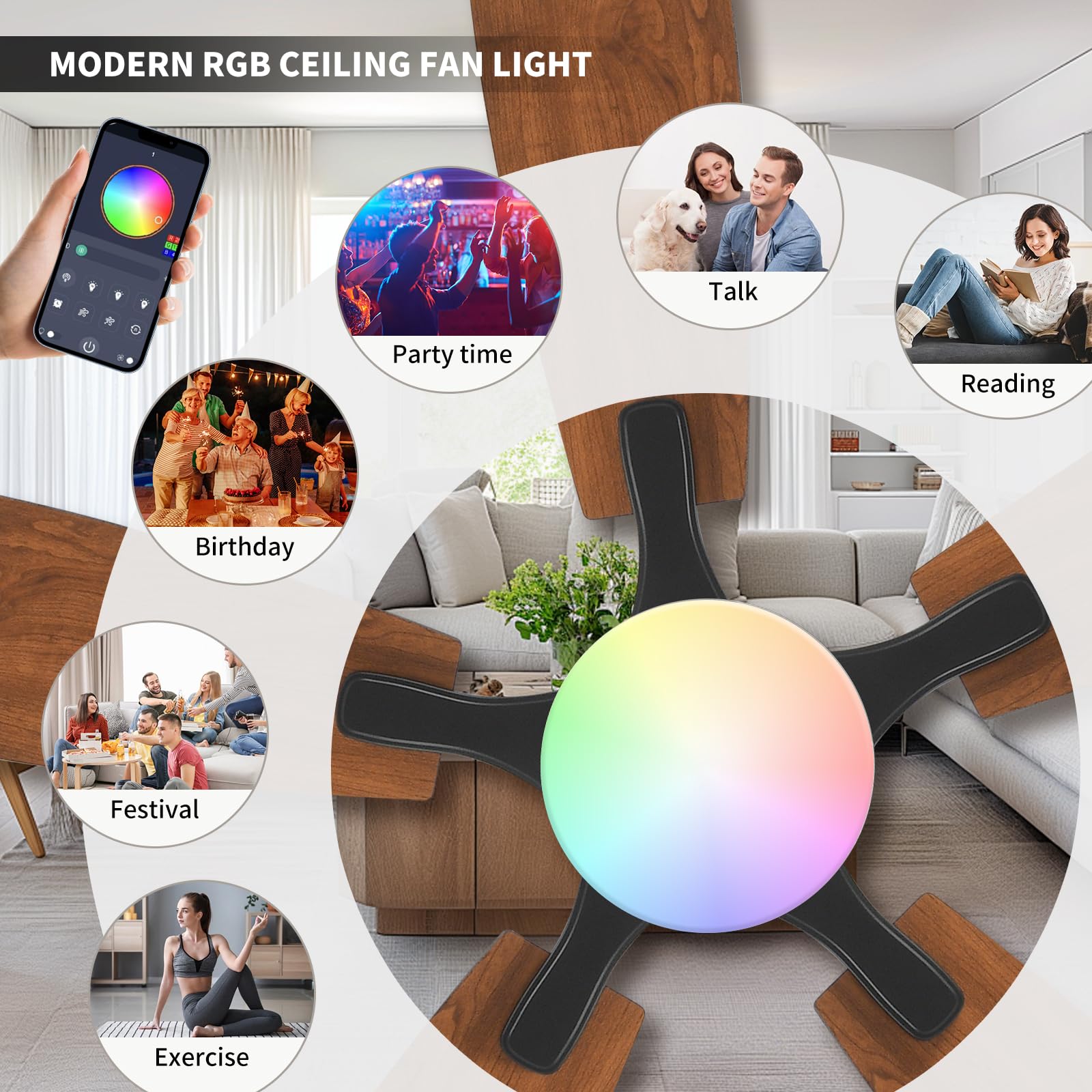 FUMLTP Ceiling fans with Lights, 54 In RGB Low Profile Indoor Ceiling fan with Light and Remote/App Control, Dimmable, Flush Mount, DC Reversible Motor, Noiseless Modern Ceiling Fan For Bedroom（Brown）