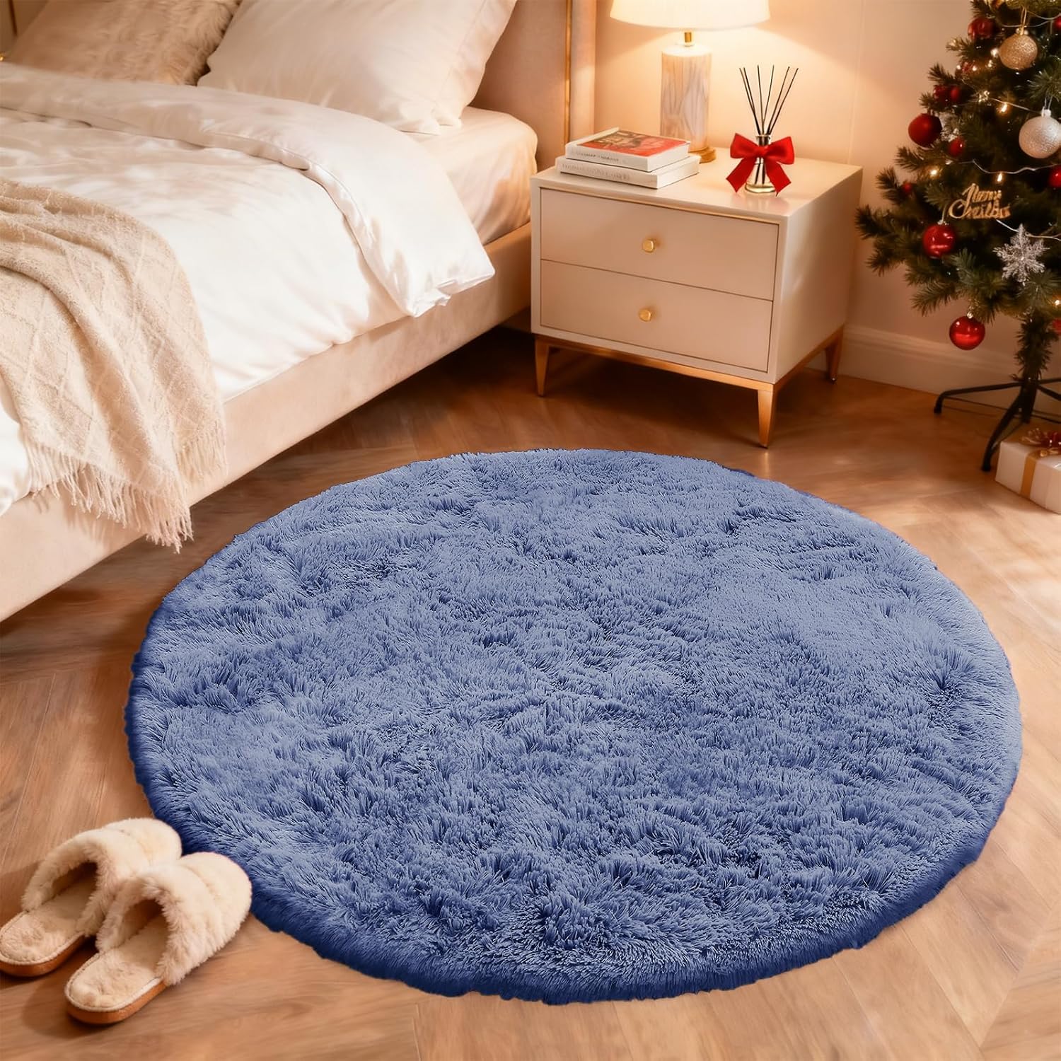 OLANLY Denim Blue Round Rug - Soft, Fluffy, Machine Washable 4 ft Circle Area Rug for Bedroom & Living Room
