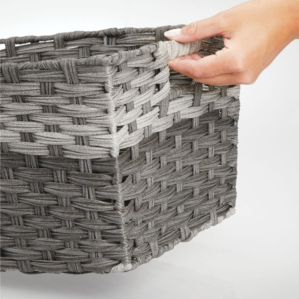 mDesign Wide Rectangular Woven Braided Rope Home Storage Baskets with Handles - for Organizing Closet, Bedroom, Bathroom, Living Room, Entryway, Office - 8.25" High, 2 Pack - Gray
