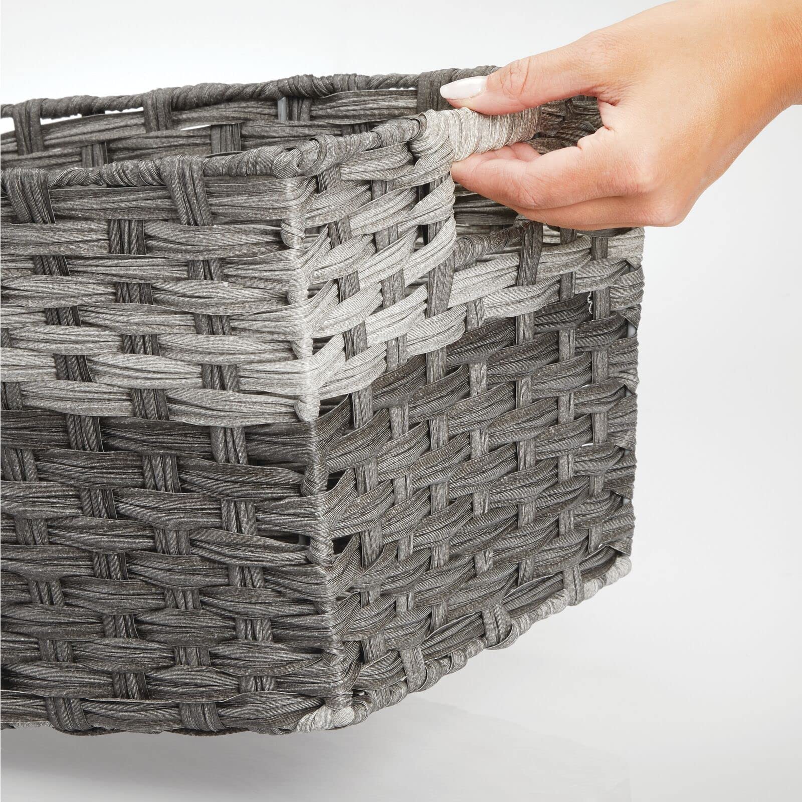 mDesign Wide Rectangular Woven Braided Rope Home Storage Baskets with Handles - for Organizing Closet, Bedroom, Bathroom, Living Room, Entryway, Office - 8.25" High, 2 Pack - Gray
