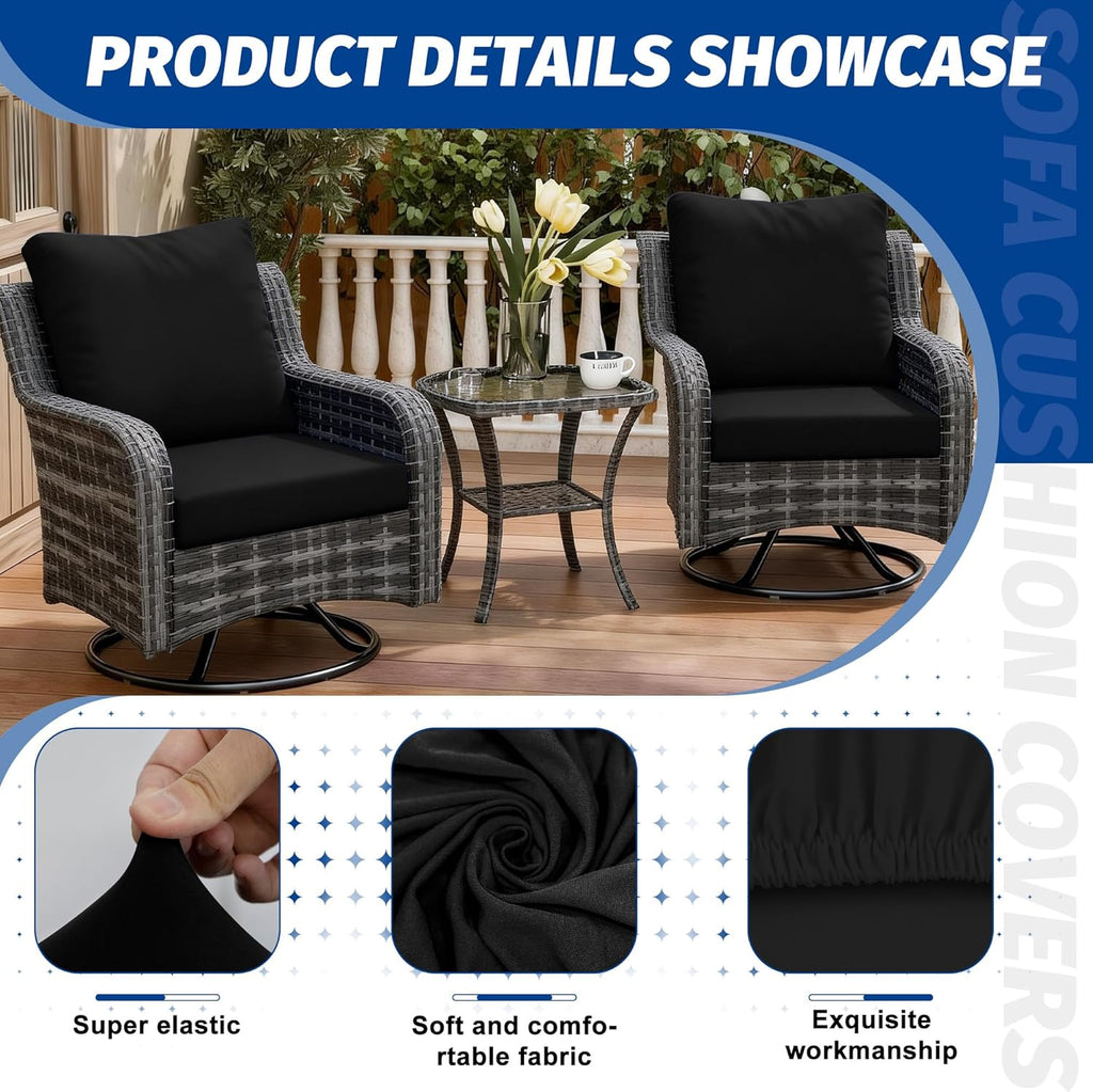 Skiennix Patio Stretch Cushion Covers - Washable Outdoor Sofa Slipcovers for 4 Cushions | Black
