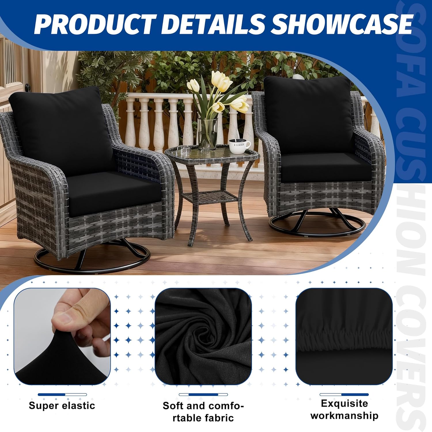 Skiennix Patio Stretch Cushion Covers - Washable Outdoor Sofa Slipcovers for 4 Cushions | Black