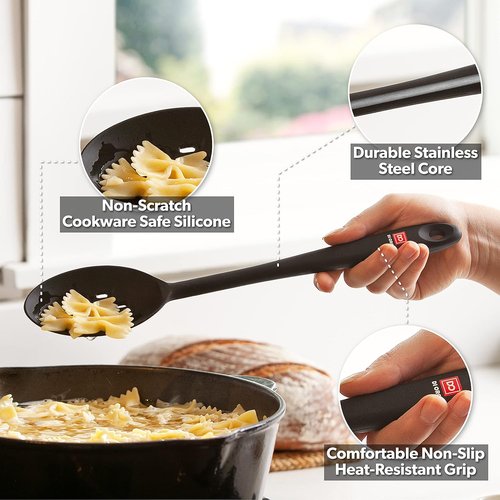 DI ORO Silicone Cooking Spoons - Heat-Resistant Utensils for Mixing & Serving - 600°F, Dishwasher Safe (2pc, Black)