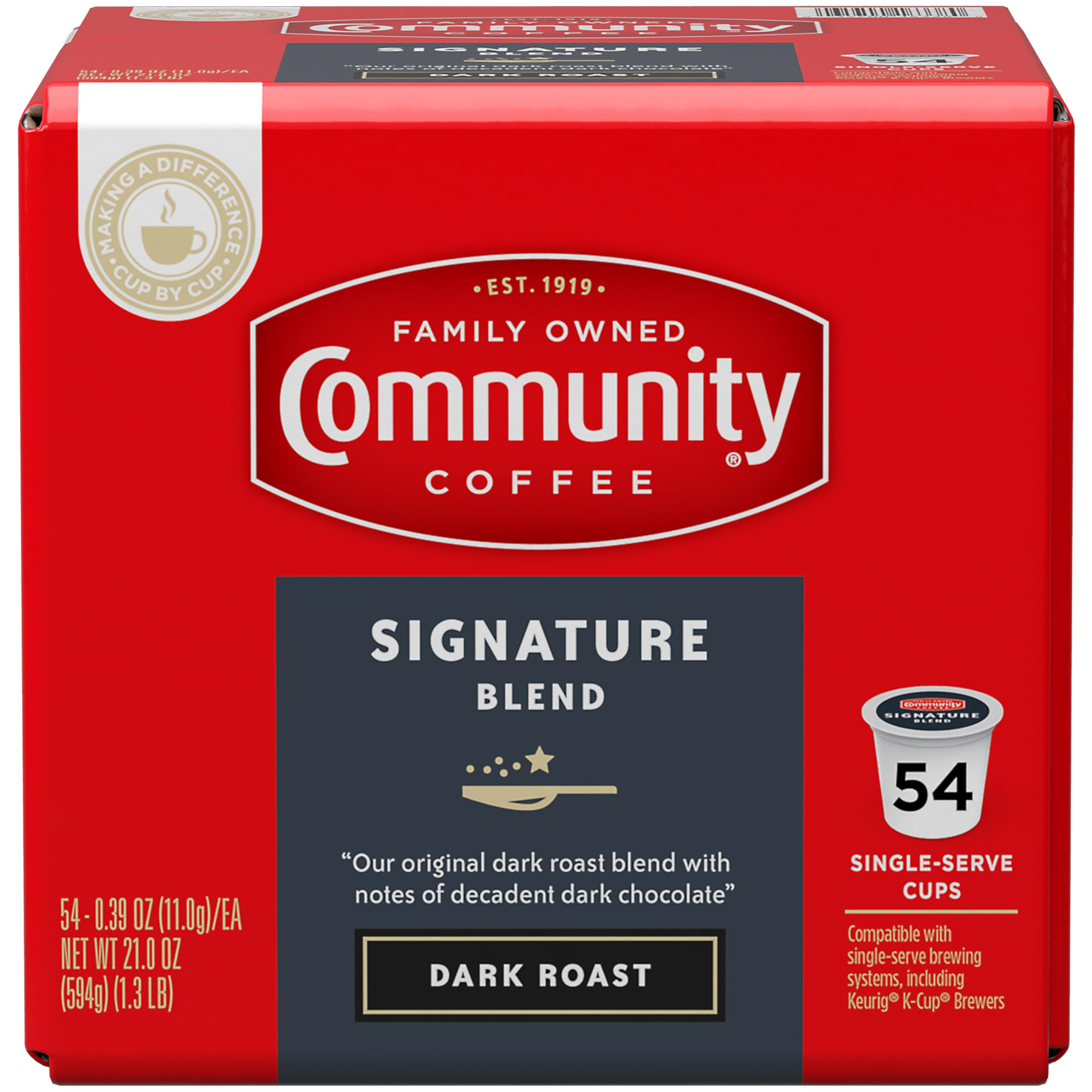 Community Coffee Signature Blend 54 Count Coffee Pods, Dark Roast, Compatible with Keurig 2.0 K-Cup Brewers, Box of 54 Pods
