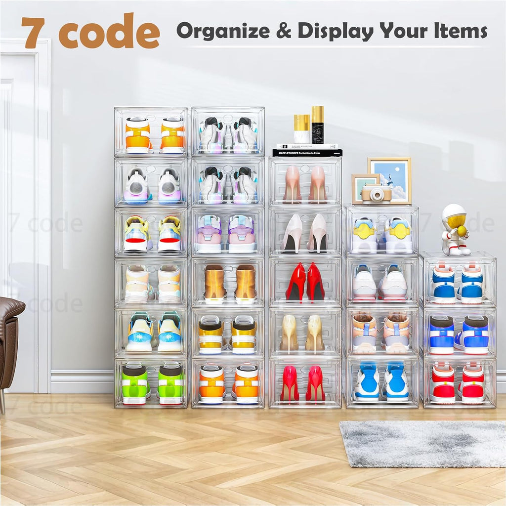 Skiennix Clear Shoe Storage Organizer - Sturdy Stackable Boxes with Magnetic Door | 6 Pack, White