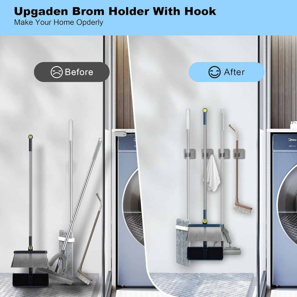 Skiennix Stainless Steel Mop & Broom Gripper - Wall-Mounted Holder for Closet & Garage | 4 Pack, Silver