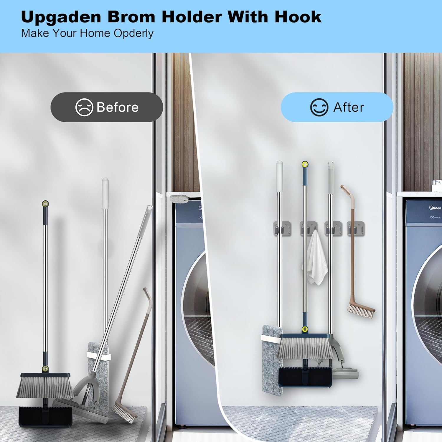 Skiennix Stainless Steel Mop & Broom Gripper - Wall-Mounted Holder for Closet & Garage | 4 Pack, Silver