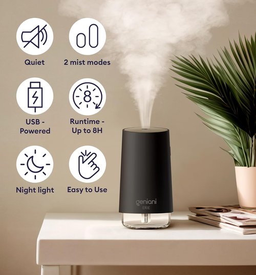 Geniani Portable Cool Mist Humidifier - USB Powered Desktop Humidifier for Plants & Baby Room | Auto Shut Off & Night Light - Black, 0.25L