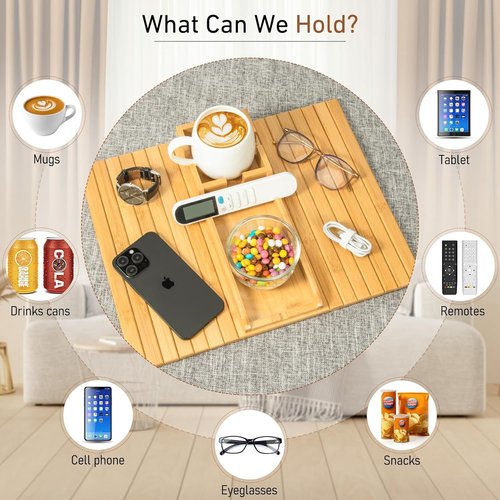 Yoshiky Bamboo Couch Armrest Table, Couch Arm Tray with Removable Couch Cup Holder, 2 in 1 Design Foldable Anti-Slip Bamboo Couch Tray and Sofa Cup Holder for Drink