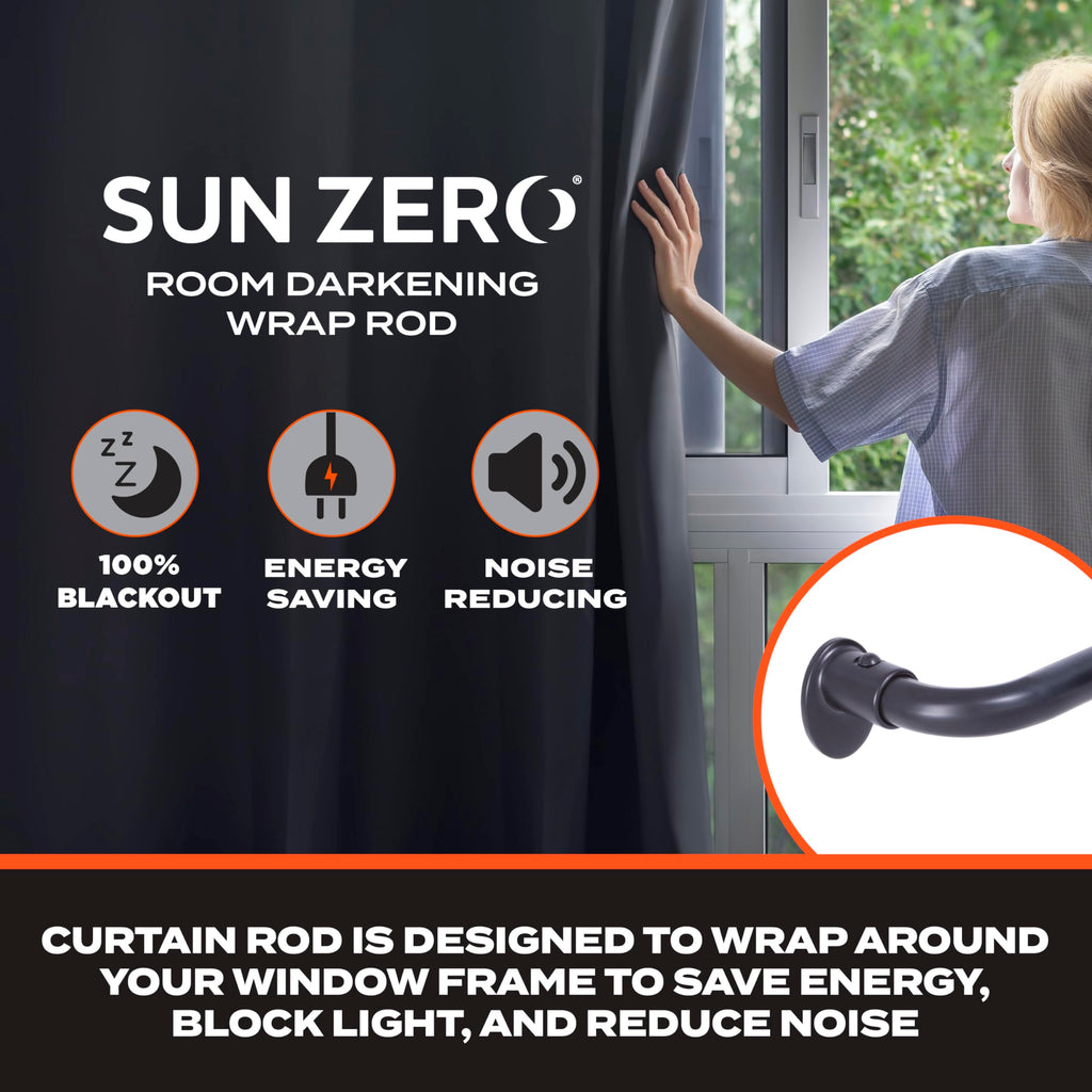 Sun Zero – Wrap Around Curtain Rod, Blackout Room Darkening Design with 5/8" Steel Tube, Adjustable 28–48", Black