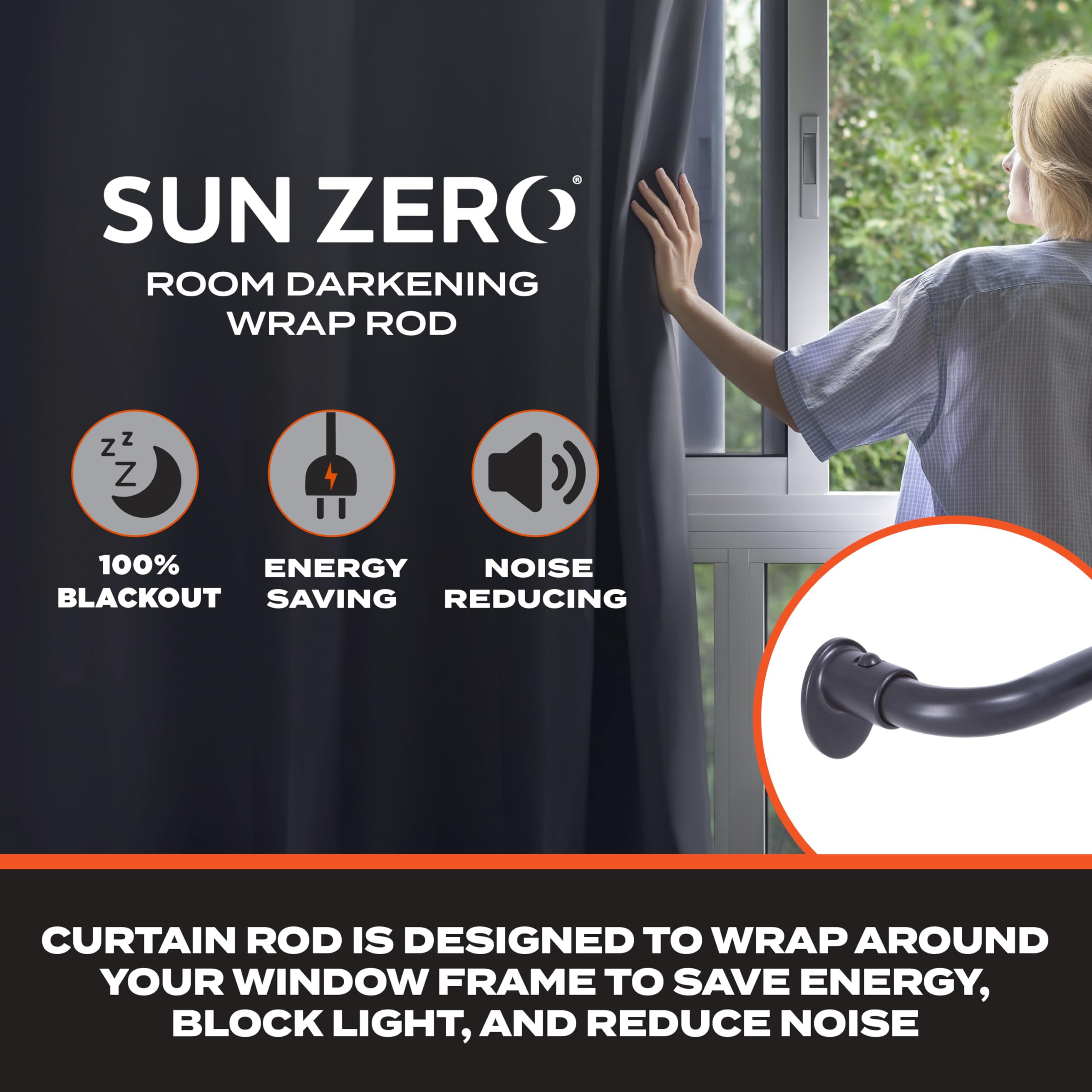 Sun Zero – Wrap Around Curtain Rod, Blackout Room Darkening Design with 5/8" Steel Tube, Adjustable 28–48", Black