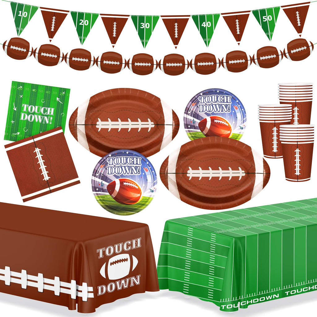99PCS Football Party Tableware Supplies,Set of 24 Football Plates Napkins Cups,11.8in Football Shaped Disposable Paper Plates,Banner and Touchdown Tablecloth for Birthday Gameday Tailgate Decoration
