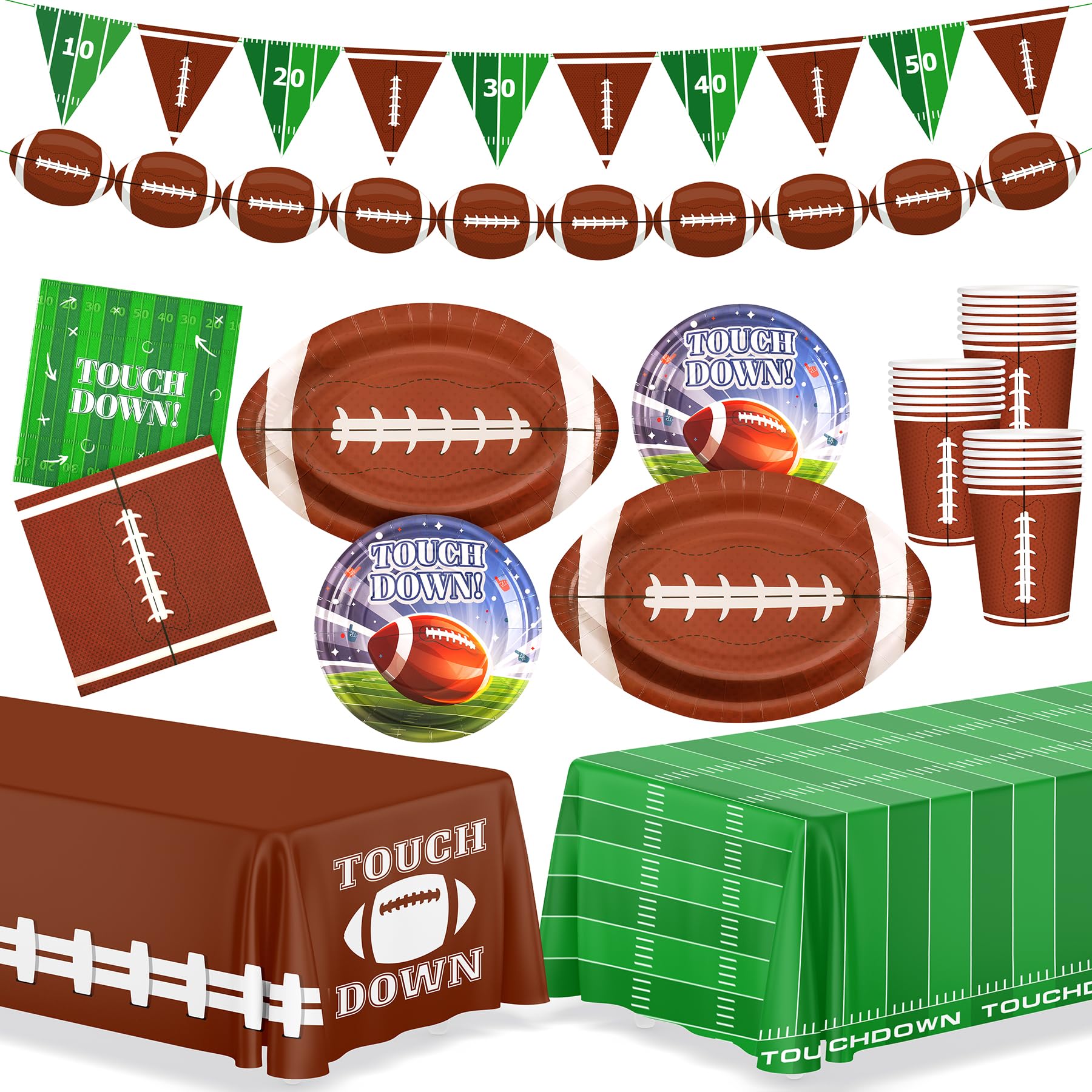 99PCS Football Party Tableware Supplies,Set of 24 Football Plates Napkins Cups,11.8in Football Shaped Disposable Paper Plates,Banner and Touchdown Tablecloth for Birthday Gameday Tailgate Decoration