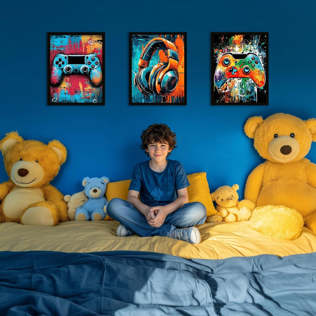Skiennix Gaming Wall Art - Neon Watercolor Graffiti Gamepad Prints | 8x10 in, Set of 3 for Teen Boys
