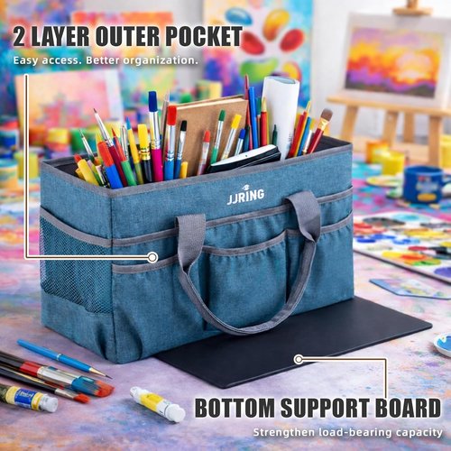 JJRING Large Art Supply Storage Tote Bag - Sturdy Craft Organizer with 2 Mesh Pockets & Elastic Front | Green, Foldable Design for Artists & Teachers