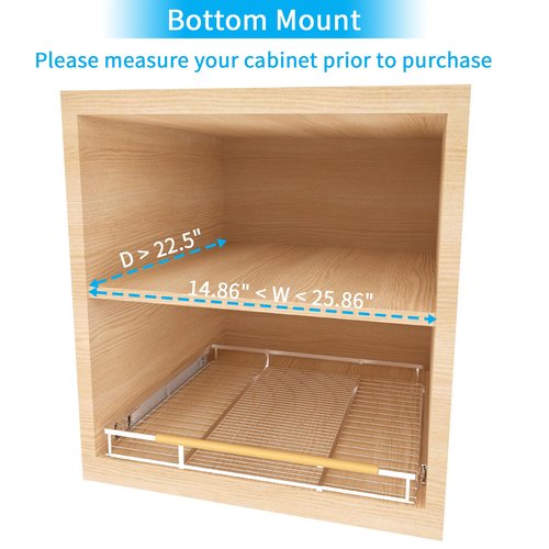 KIKIBRO Expandable Pull Out Drawer Cabinet Organizer, Adjustable Width Bottom-Mounted Slide Out Storage Shelves for Cabinets, Required Cabinet Size (14.86"~25.86", D≥22.5"), 1 Pack