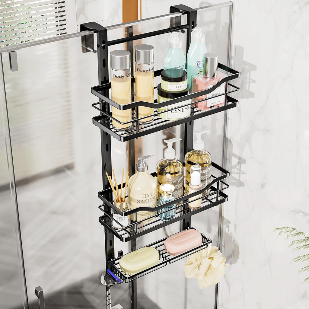 SWTYMIKI Over The Door Shower Caddy - 3-Tier Adjustable Organizer with Soap Holder | No-Drill Stainless Steel, Black