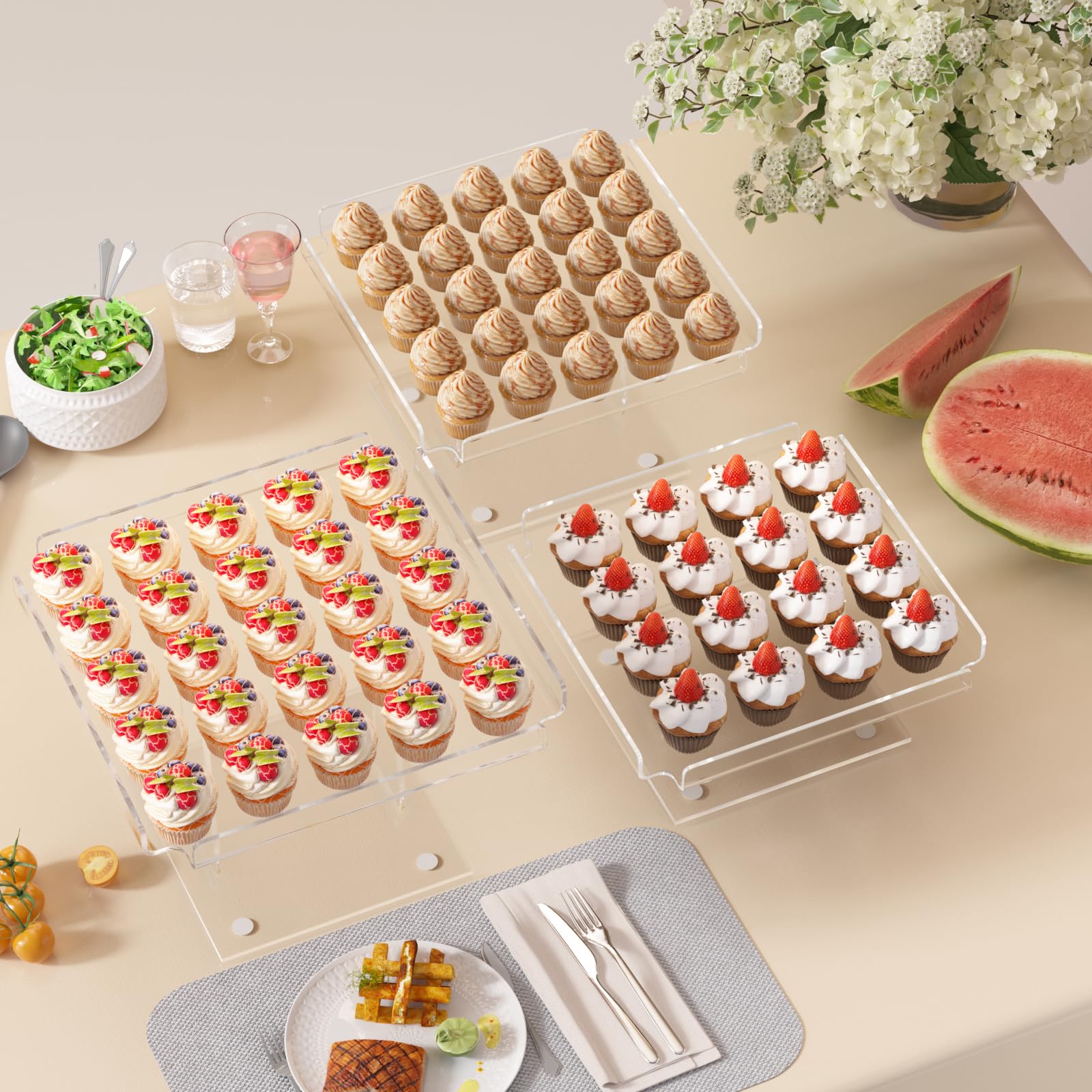 HEKORE 3 Pieces Acrylic Cupcakes Stand – 12 Inch Dessert Table Display Set Wedding & Event Display for Macarons, Pastries – Commercial-Grade Buffet Riser (Holds 54+ Cupcakes)