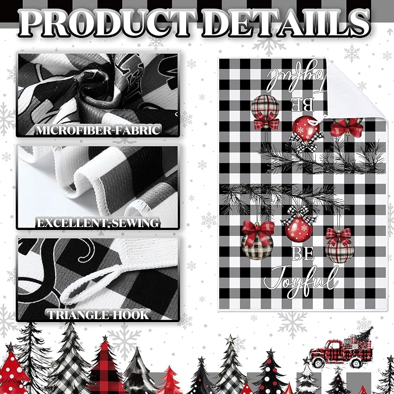 6 Pcs Christmas Kitchen Towels - Black & White Plaid, 16x24 in, 6-Pack (Variation: Black and White)