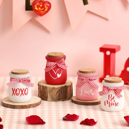 4 Pcs Valentines Day Tiered Tray Decor, Mini Mason Jars for Valentines Table Decor, Valentines Gift for Women, Small Valentines Day Decorations for Home, Office, Tiered Tray, Desk, Shelves